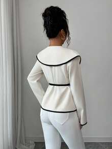 Elenzga Women's Cross V-Neck Long Sleeve Fitted Waist Tie-Up Contrast Color Splice Elegant Blouse