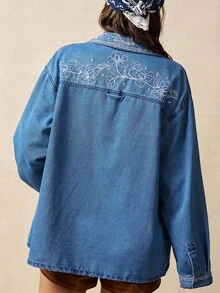 Bohemela Women's Casual Solid Color Woven Denim Loose Long Sleeve Shirt - Blue - View 7