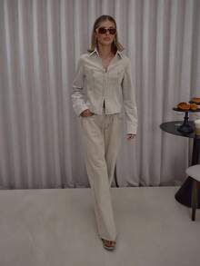 MUSERA Contrast Stitch Wide Leg Washed Tie Waist Denim Jeans Streetwear Cute Classy Casual Sexy Going Out Toffee  Chic Spring Summer - Khaki - View 5