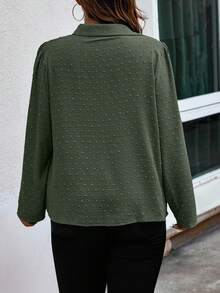 EMERY ROSE Plus Size Women's Contrast Lace Puff Sleeve Single-Breasted Casual Shirt - Army Green - View 2