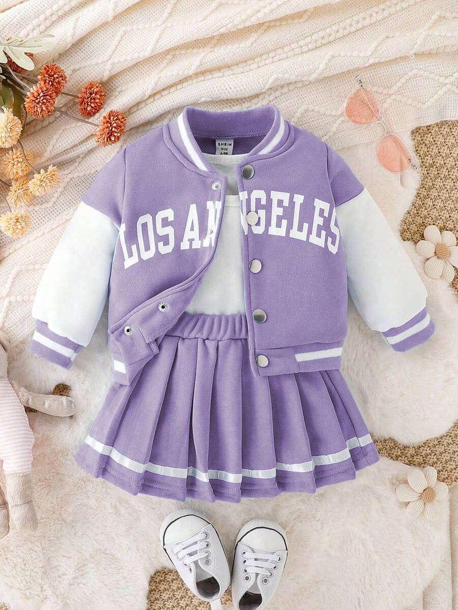 SHEIN 女童夹克和百褶裙套装，春秋季