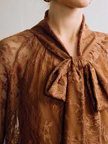 Arave Women's Brown Floral Elegant Lace Fabric Drop Shoulder Loose Blouse,Autumn Office Shirt Tops With Ribbon Collar Design,Fall Clothes For Ladies - Coffee Brown - View 2