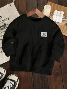 SHEIN Playful Pals 1 件男婴休闲字母贴花针织钻石提花图案圆领运动衫，舒适的日常穿着，秋冬季，家庭配套服装妈妈和我（3 件单独出售）