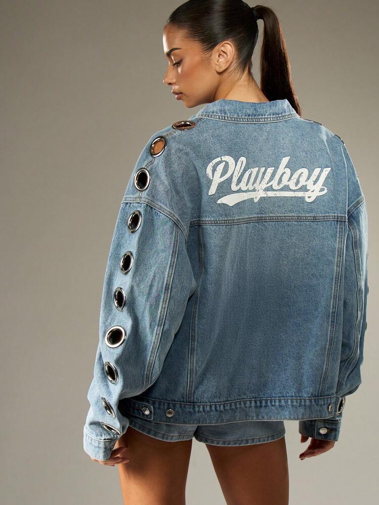 Missguided x Playboy Medium Wash Denim Jacket With Metal Eyelets