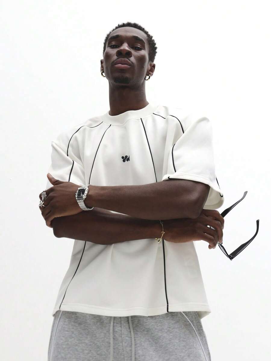 SUMWON 短款落肩滚边T恤 经典复古学院风罗纹圆领 高街时尚 纯色 - 杏色 - 查看 1