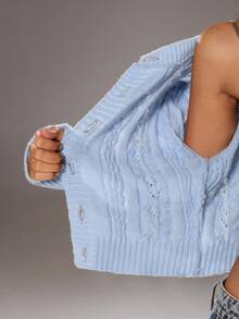 TRNVIE 1 pieza Cárdigan de mujer, azul, otoño/invierno, cuello redondo único, tejido retorcido, cintura ceñida, diseño de botón de strass, elegante - Celeste - Ver 7