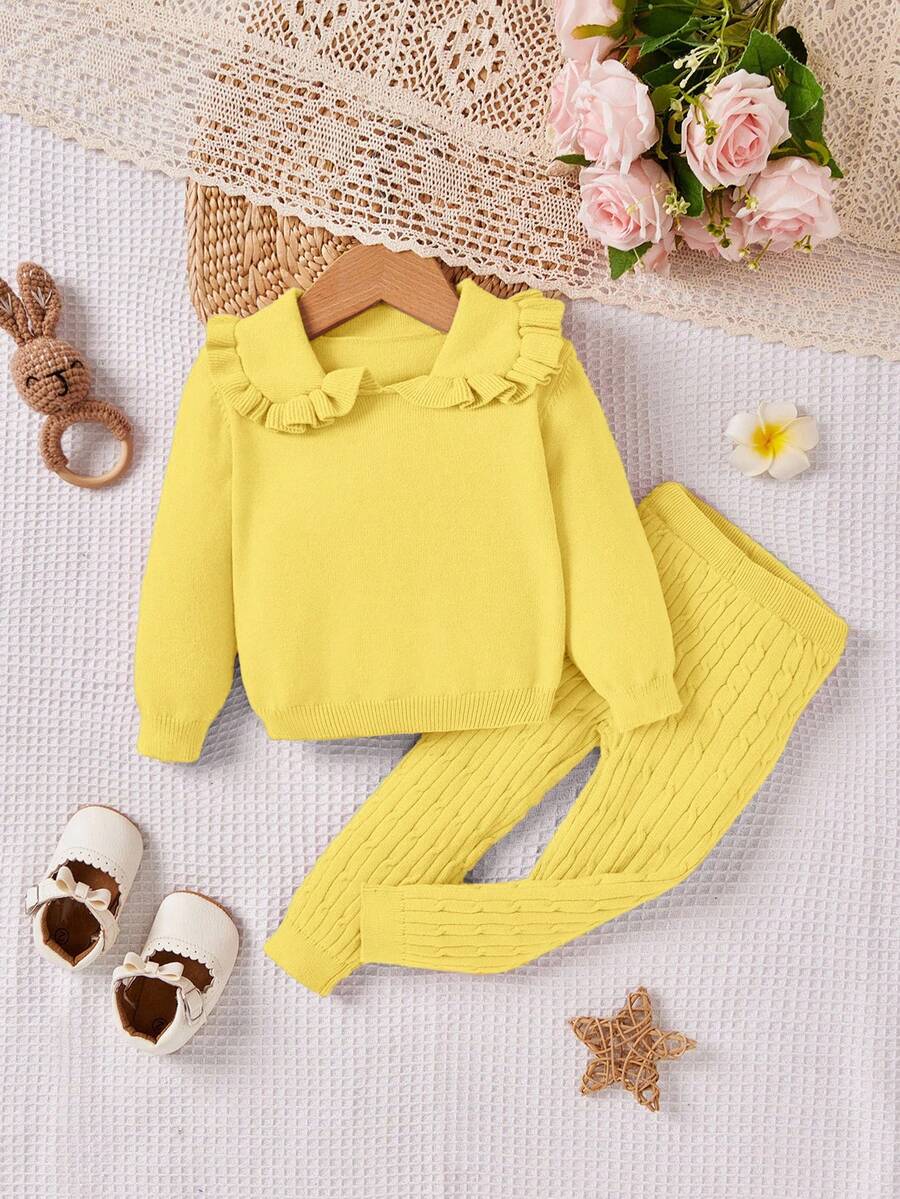 SHEIN Baby Peter Pan Collar Long Sleeve & Pants Casual Loose Pullover Sweater Set Autumn Winter Clothes FoGirlen