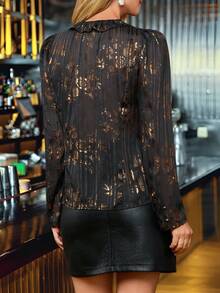 Amorya Elegancka damska asymetryczna bluzka z szyfonu z długim rękawem i kwiatowym nadrukiem, z falbanką, idealna na spotkania i wiele okazji, jesień