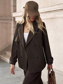 SHEIN Clasi Women's Solid Color Double-Breasted Trench Coat, Commuter Style In Autumn/Winter,Fall - Coffee Brown - View 6