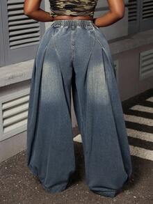 Slaydiva Quần jeans ống rộng xếp ly lưng thun co giãn cỡ lớn cho nữ - Màu xanh lam - Xem 2