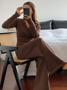 DAZY Women's Elegant Solid Color V-Neck Button Knit Sweater & Wide Leg Pants 2 Pieces Set, Autumn - Coffee Brown - View 3