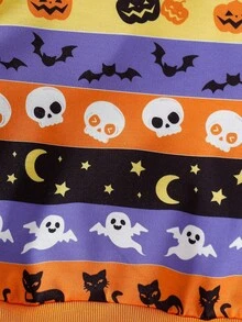 SHEIN Playful Pals 婴幼儿男童秋季运动衫，万圣节风格南瓜、幽灵、蝙蝠印花圆领套头衫，舒适可爱，百搭 - 彩色 - 查看 5