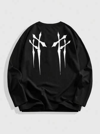 Street Life بلوزة رياضية رجالية بياقة طاقم وقصة فضفاضة مع طباعة صليب، موسم الخريف