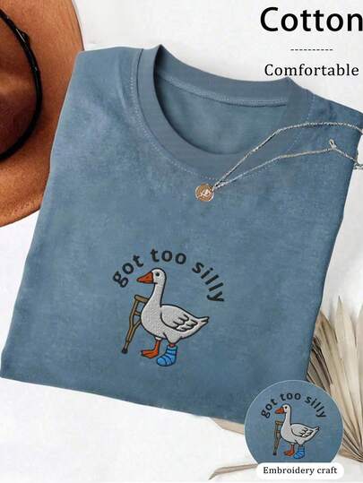 INAWLY Camiseta casual de mujer con cuello redondo y manga corta, con bordado de letra y pato