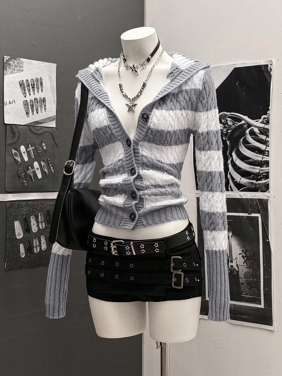 SHEIN Unity Áo khoác cardigan dài tay cài nút họa tiết sọc xoắn màu sắc phong cách đường phố dành cho nữ - Nhiều màu - Xem 1