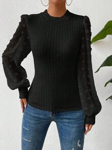 SHEIN Women's Solid Color Round Neck Lantern Sleeve Ribbed Fashionable Top - Black - View 5
