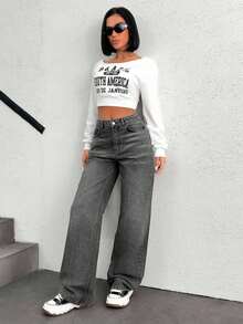 EURMUSE Low Waist Back Jacron Detailed Wideleg Jean - Dark Grey - View 7