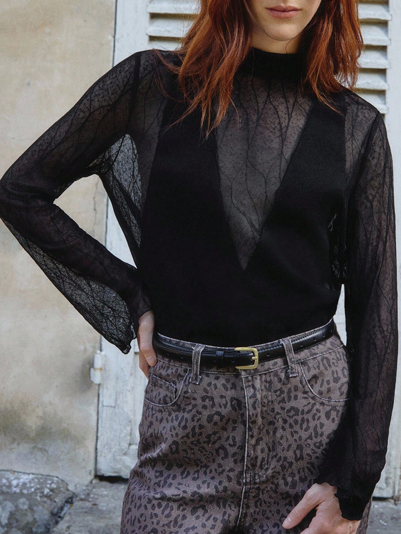 Black Sheer Mesh Top With High Neck, Long Sleeves And Deep V Front Panel Office Top Autumn Winter Top Night Out Outfits