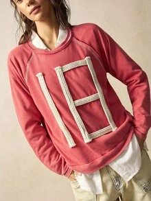 Bohemela Women's Casual Solid Color Knit Crew Neck Long Sleeve Loose Washed Top - Red - View 6