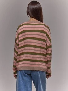 MUSERA 宽松纽扣落肩针织条纹套头衫，复古、可爱、乡村、田园风，女士休闲居家开衫，奶油糖色，冬季优雅 - 杏色 - 查看 2