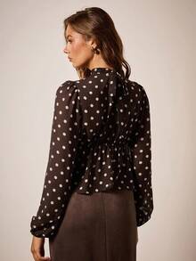 COSMINA 女式波尔卡圆点印花中式领长袖镂空设计时尚衬衫 - 彩色 - 查看 2