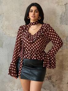 Roveilla Camicetta elegante e alla moda con scollo a V e stampa a pois per donne taglie forti - Castano - Visualizzare 3
