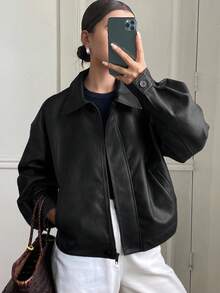 DAZY 秋冬新款宽松休闲加厚PU皮女式常规夹克女式外套