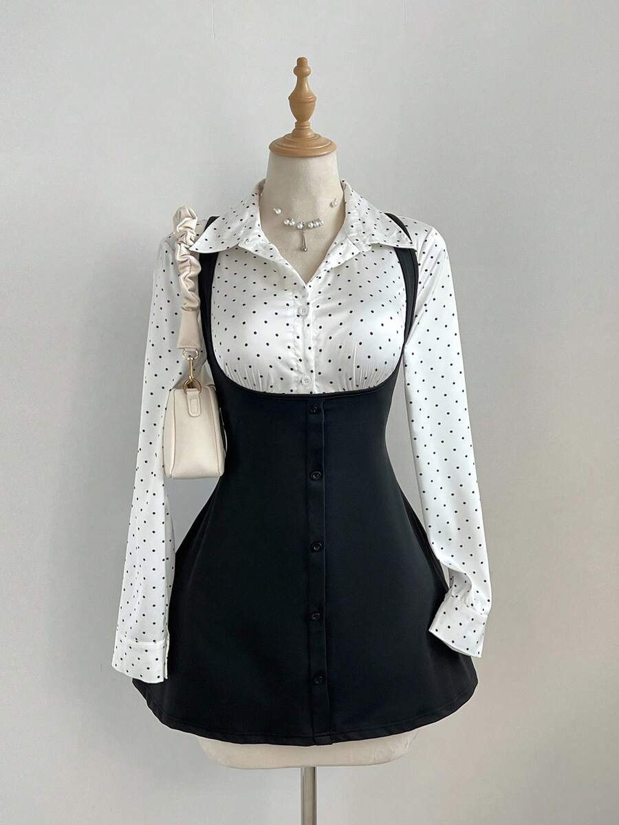 Elamini 女士缎面波点束腰长袖衬衫和吊带裙两件套，适合秋冬季日常穿着、通勤和聚会 - 彩色 - 查看 1