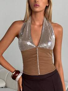 SHEIN EZwear 棕色亮片露背紧身女式上衣，Y2K风格，乡村音乐会，夜店性感女装，圣诞节 - 彩色 - 查看 4