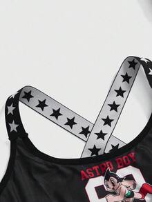 Astro Boy X ROMWE Women's Star Strap Cartoon Pattern Wireless Sports Bra & Brief Set - Black - View 3