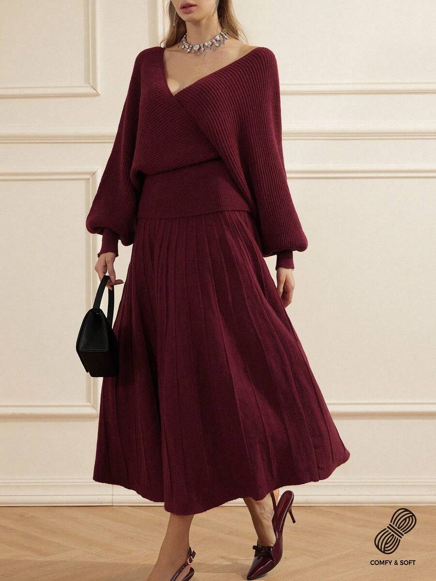 Aveloria Rosie Women's Wine Red V-Neck Faux Wrap Design Cinched Waist Batwing Sleeve Sweater & Pleated A-Line Long Skirt 2 Pieces Set, Autumn/Winter - Red - View 1