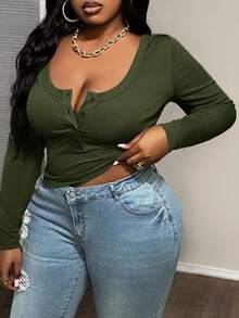 Slaydiva 大码女式基本款休闲秋冬圆领长袖紧身针织罗纹棕色上衣T恤 - 軍綠色 - 查看 8