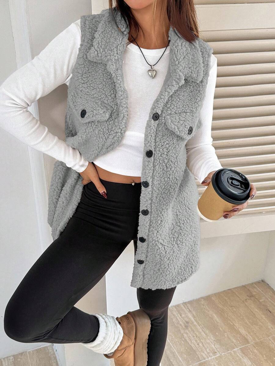 SHEIN EZwear 1pc Women Solid Color Button Front Sleeveless Pocket Casual Tank Top, Daily Wear In Autumn/ Grey Jacket Vest,Cozy And Clothes For Hiking Home - Grey - View 1