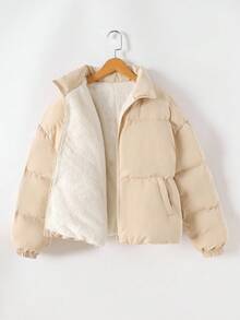 SHEIN 米色冬季辦公室青少年女孩編織立領寬鬆休閒口袋加厚外套，可愛青少年毛絨夾克秋季服飾 - 卡其色 - 查看 2