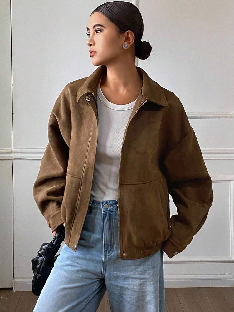Loose Casual Brown Short Jacket Coat, Autumn/Winter