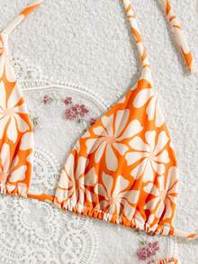 Swim Mod 女士夏季海灘花卉印花領口系帶性感比基尼套裝，隨機印花 - 黃色 - 查看 3