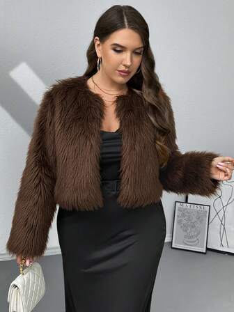 SHEIN Privé 大码女式冬季纯色长袖时尚人造毛皮无领夹克