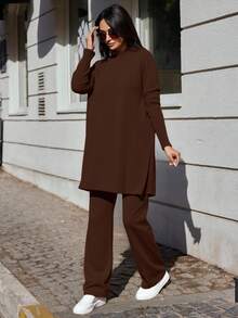 EURMUSE Women's Solid Color Long Knit Sweater And Long Knit Pants Set - Camel - View 6
