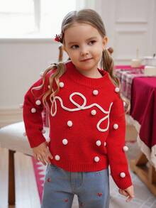 SHEIN Young Girl Colorblock Round Ball Decor Crew Neck Long Sleeve Sweater Fall Winter Christmas Halloween Sweater Autumn Fall Jumper - Red - View 6