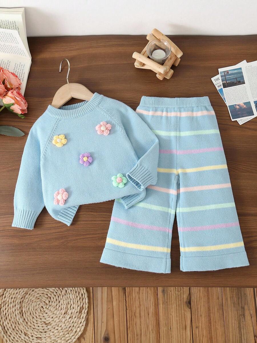 SHEIN Vintaside Kids Set 2 buc. pulover tricotat și pantaloni cu dungi pentru bebeluși, asortat, elegant și la modă, confortabil pentru toamnă/iarnă, potrivit pentru casual, acasă, în aer liber și călătorii