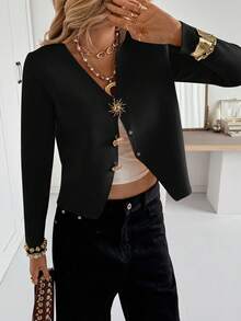 Siren Gaze Cárdigan de punto con decoración metálica para mujer, ropa casual de otoño e invierno - Negro - Ver 5