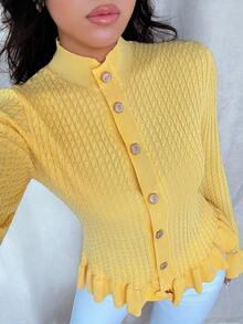 Rafferiza Women's Soft Yellow Cardigan,Autumn Elegant Tea Party Turtleneck Long Sleeve Ruffle Trim Fitted Button-Front Casual Commuting Business Office Daily - Yellow - View 8