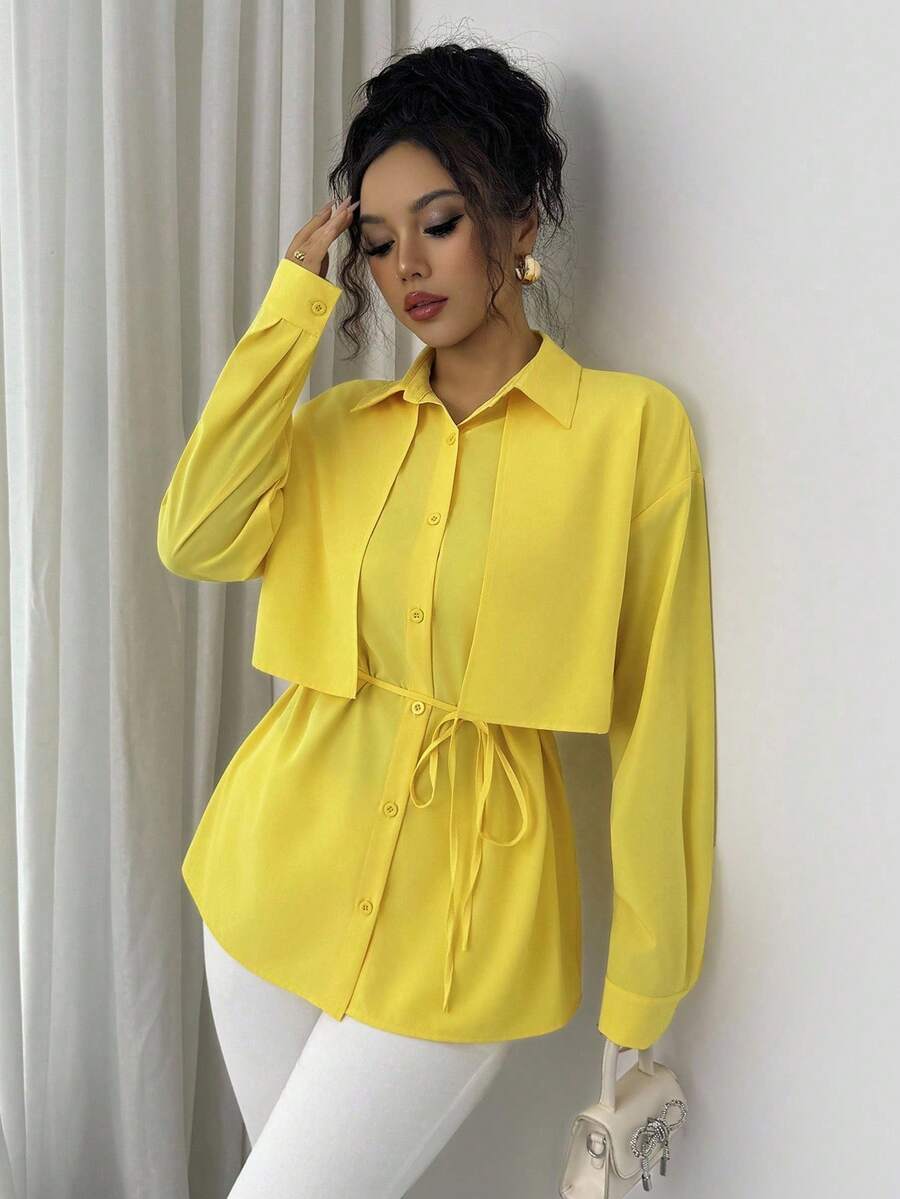 Elenzga Women's Yellow Drop Shoulder Long Sleeve Single-Breasted Casual Shirt - Yellow - View 1