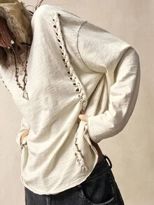 Bohemela T-shirt ample en tricot à col ras-du-cou, manches longues, couleur unie, style bohème décontracté pour l'automne, pour femmes