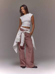 MUSERA Checkered Contrast Drawstring Waist Wide Leg Loose Fit Trousers  Summer Streetwear Y2k Cool Girl City Muse Vacation Work, Office Fall, Autumn, Winter,  Elegant - Pink - View 5