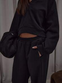 MUSERA Wide Leg Elasticated Waist Jogger Trouser Bottom Only Streetwear Classy Casual Sexy Going Out Fall Autumn Toffee Winter Party - Black - View 6