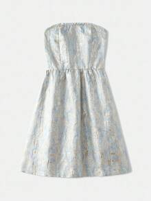 Váy ngắn Jacquard họa tiết hoa màu xanh nhạt và vàng không quai, váy dự tiệc, trang phục mùa thu cho nữ, trang phục mùa thu, trang phục mùa thu cho nữ, mùa thu đông - Màu xanh nhạt - Xem 8
