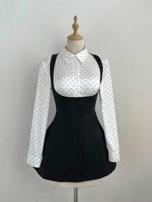 Elamini 女士缎面波点束腰长袖衬衫和吊带裙两件套，适合秋冬季日常穿着、通勤和聚会 - 彩色 - 查看 6