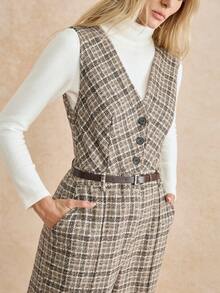 Écloséra 复古时尚休闲格子粗花呢V领无袖背心配黑色腰带，带口袋的褶皱连体裤，新款秋冬女裤套装