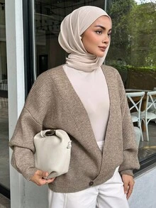 Livesso Women's Solid Color Drop Shoulder Long Sleeve Casual Knit Cardigan, Autumn/Winter Modest Fashion - Khaki - View 5